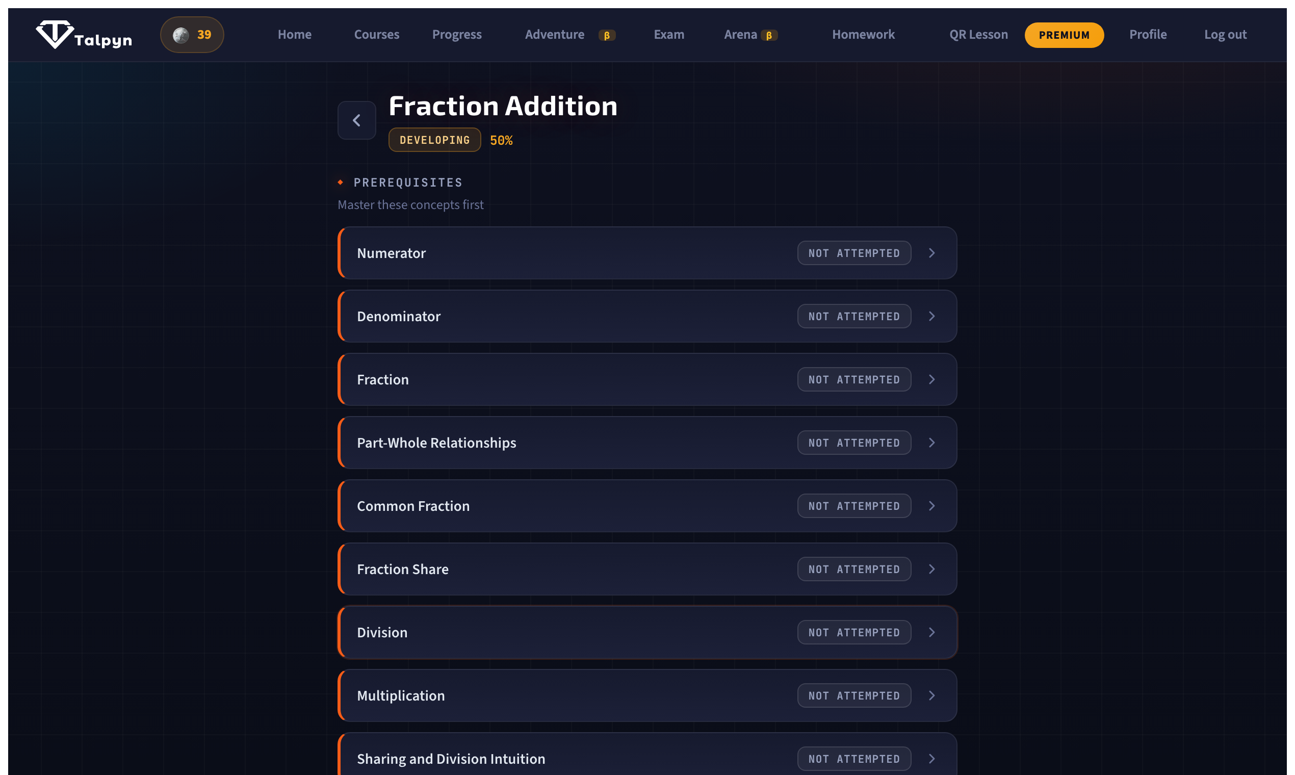 A Talpyn concept page showing prerequisites, theory, practice and mastery for adding fractions