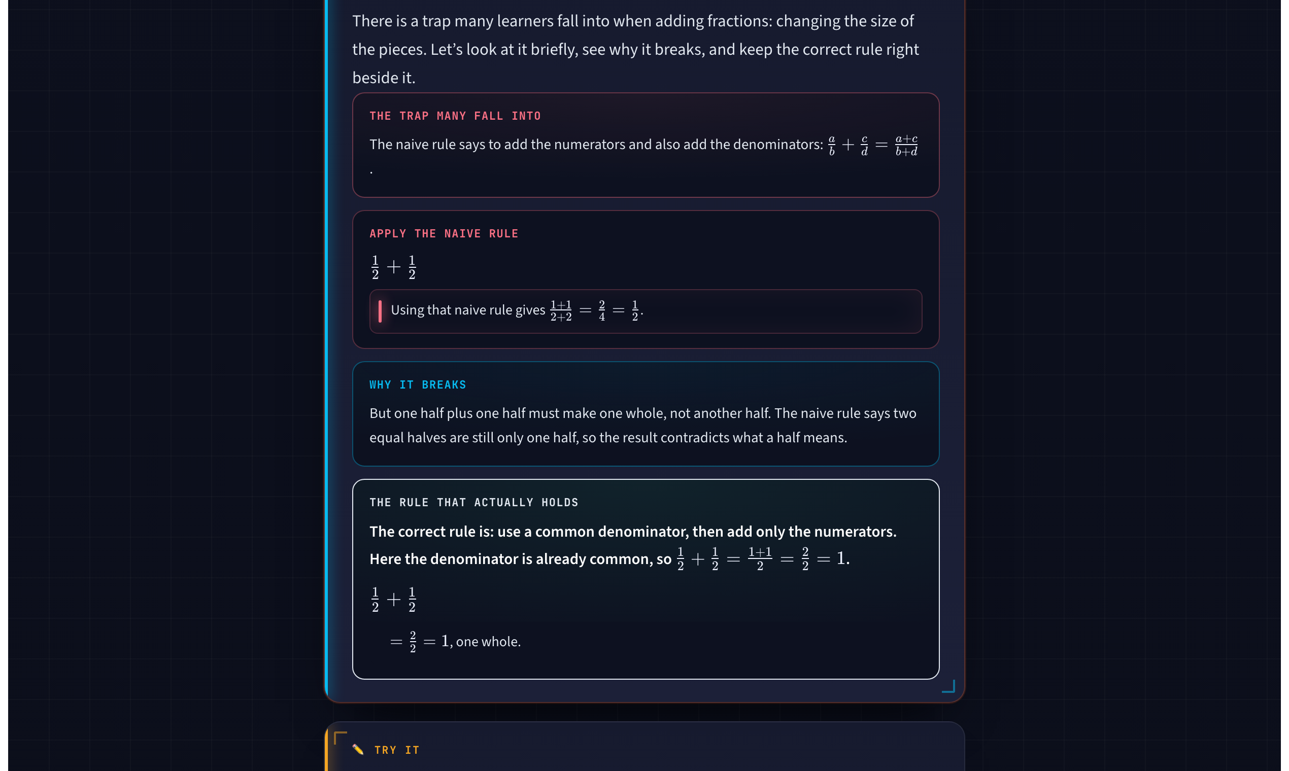 A Talpyn lesson naming the naive rule for adding fractions, applying it, showing why it breaks, and stating the rule that holds