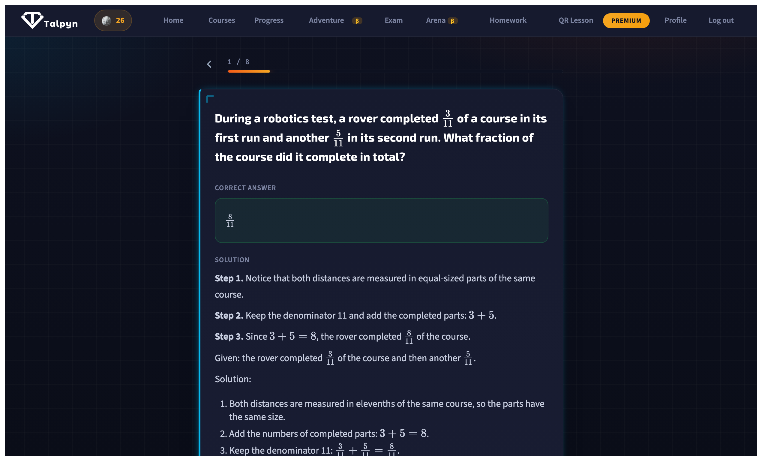 A Talpyn answer screen showing the correct answer and a step by step solution
